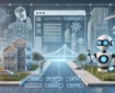 A futuristic digital landscape blending real-world and virtual elements, illustrating AI accessibility. A humanoid robot with glowing blue eyes gestures towards a structured, web-like interface floating over a cityscape. The environment features a road labeled with website sections like 'HEADER,' 'NAVIGATION,' 'CONTENT,' and 'FOOTER,' symbolizing semantic structure. A human figure walks along the digital street, while wireframe buildings, AI icons, and construction elements depict an evolving, AI-friendly digital ecosystem.