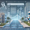 A futuristic digital landscape blending real-world and virtual elements, illustrating AI accessibility. A humanoid robot with glowing blue eyes gestures towards a structured, web-like interface floating over a cityscape. The environment features a road labeled with website sections like 'HEADER,' 'NAVIGATION,' 'CONTENT,' and 'FOOTER,' symbolizing semantic structure. A human figure walks along the digital street, while wireframe buildings, AI icons, and construction elements depict an evolving, AI-friendly digital ecosystem.